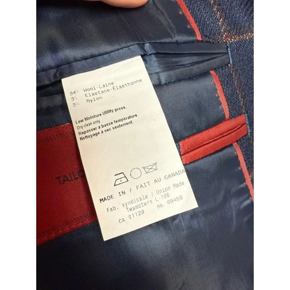 TailoRed Carlo Barbera Super Stretch Navy Plaid Wool Blazer Sz. 44R